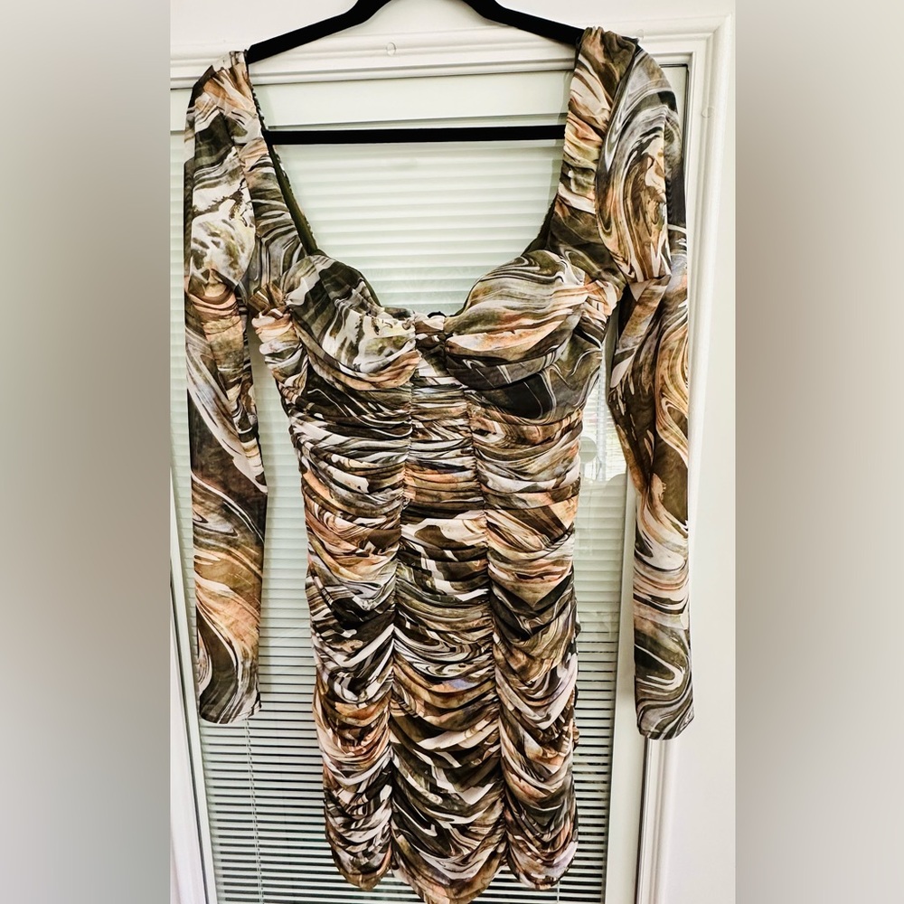 Zara Brown and Cream Bodycon Dress with Sweetheart Neckline